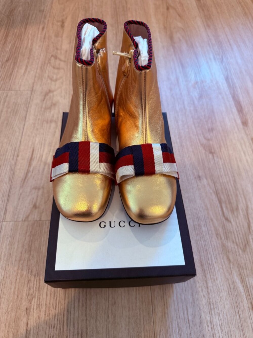 Gucci Kids Metallic Gold Ankle Boots Sylvie Web Bow EU 33 New in Box